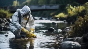 Engenheiro químico analisando contaminação da água em rio usando roupas protetoras