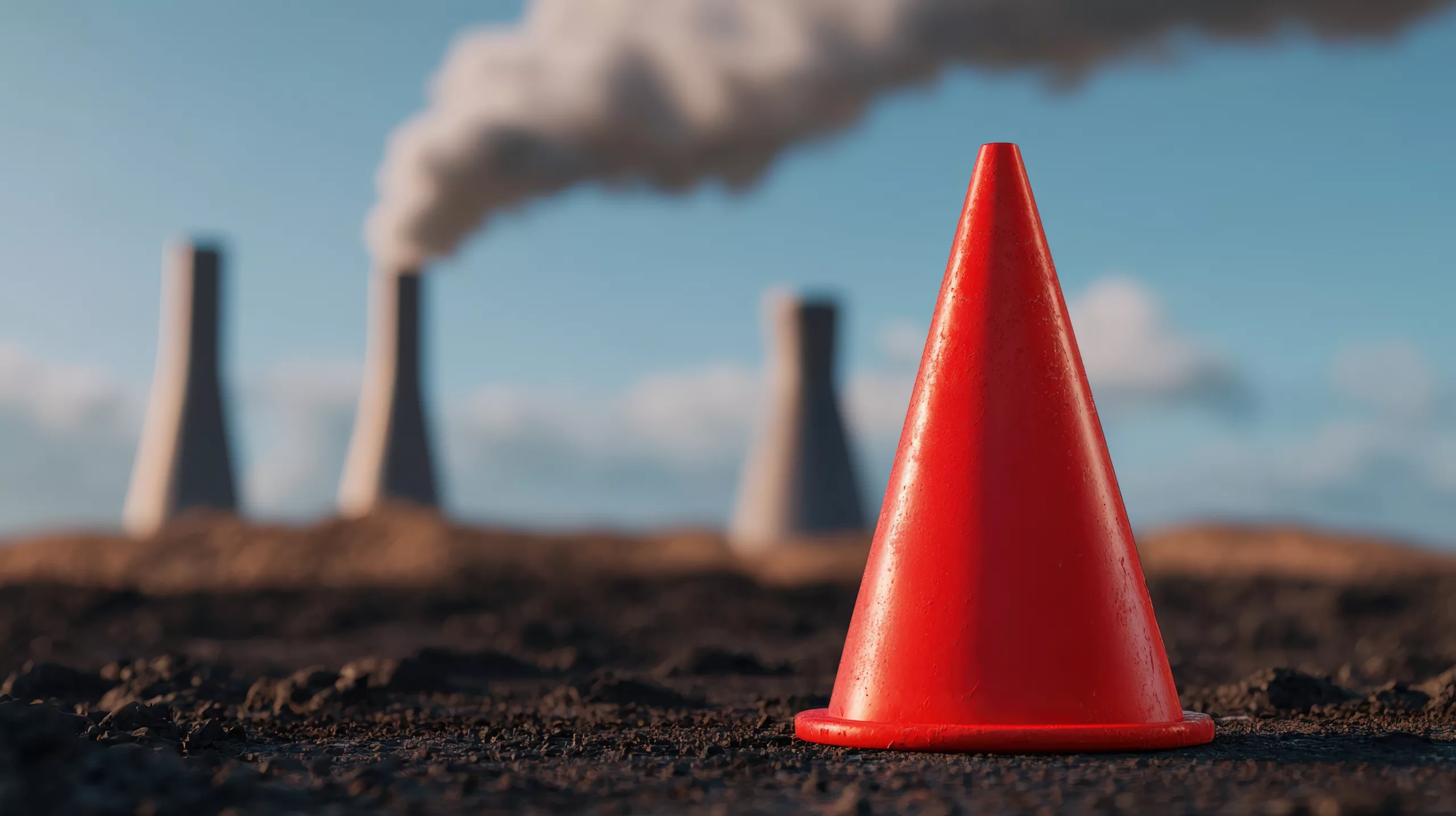 A imagem mostra um cone vermelho em um solo de barro. Atrás é possível ver fumaça.