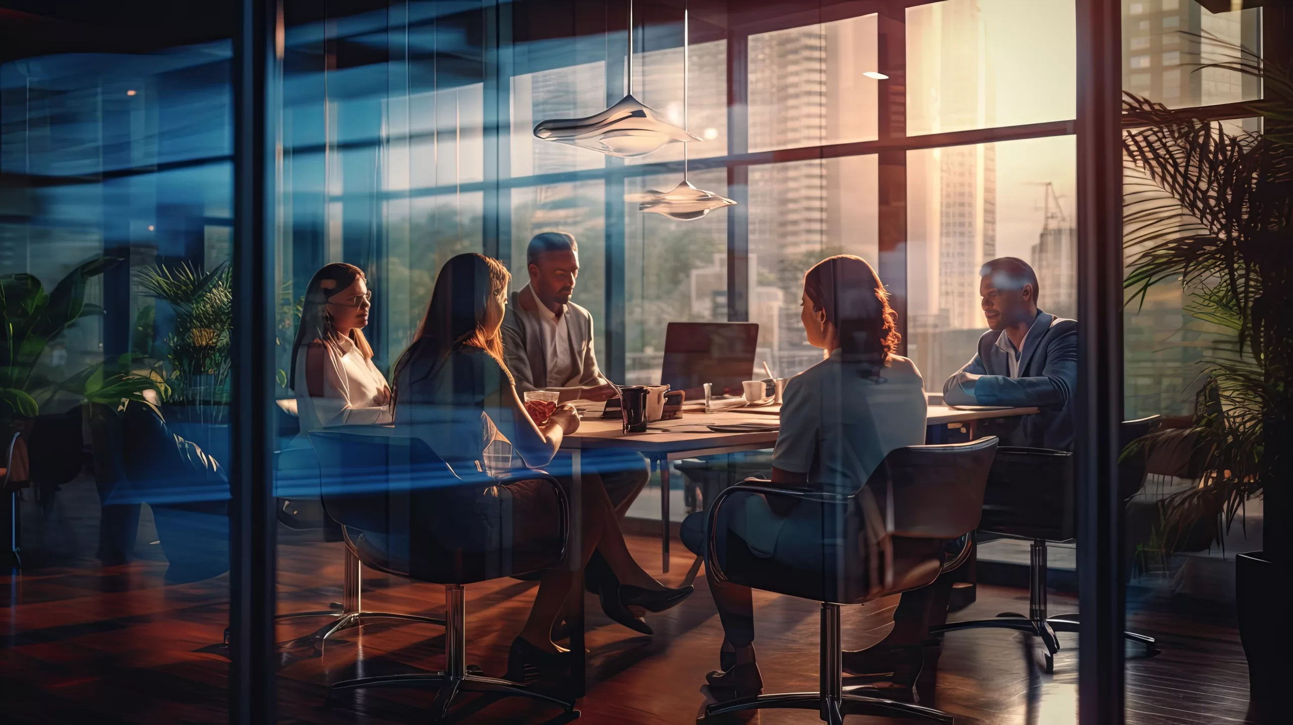 Executivos conversando em uma mesa de uma sala de reuniões